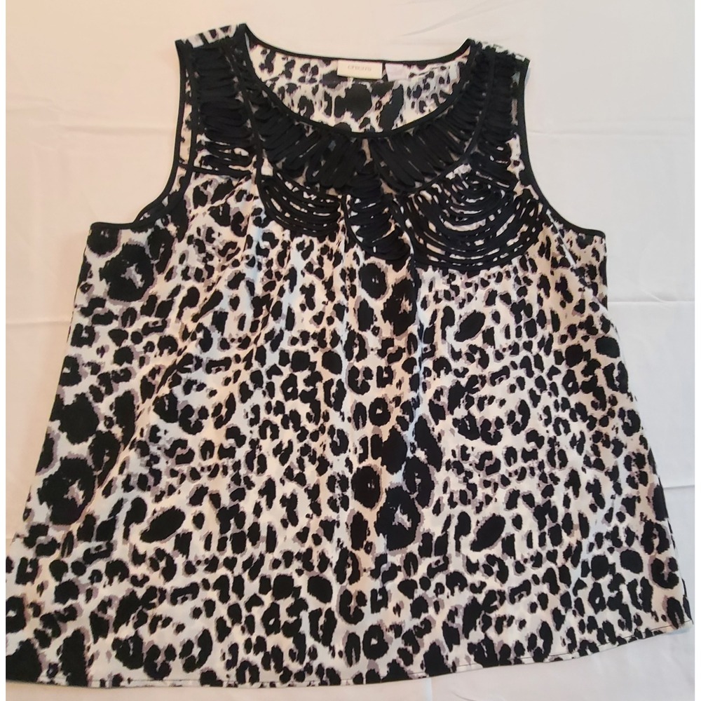 Chicos Leopard Print Sleeveless Blouse Soutache Mesh Neck Top Black White Size 3